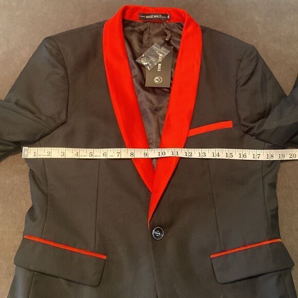 Men’s 3 Piece Slim Fit Tuxedo Black with Red Detail Shawl Lapel Size XS NWT - Picture 7 of 16